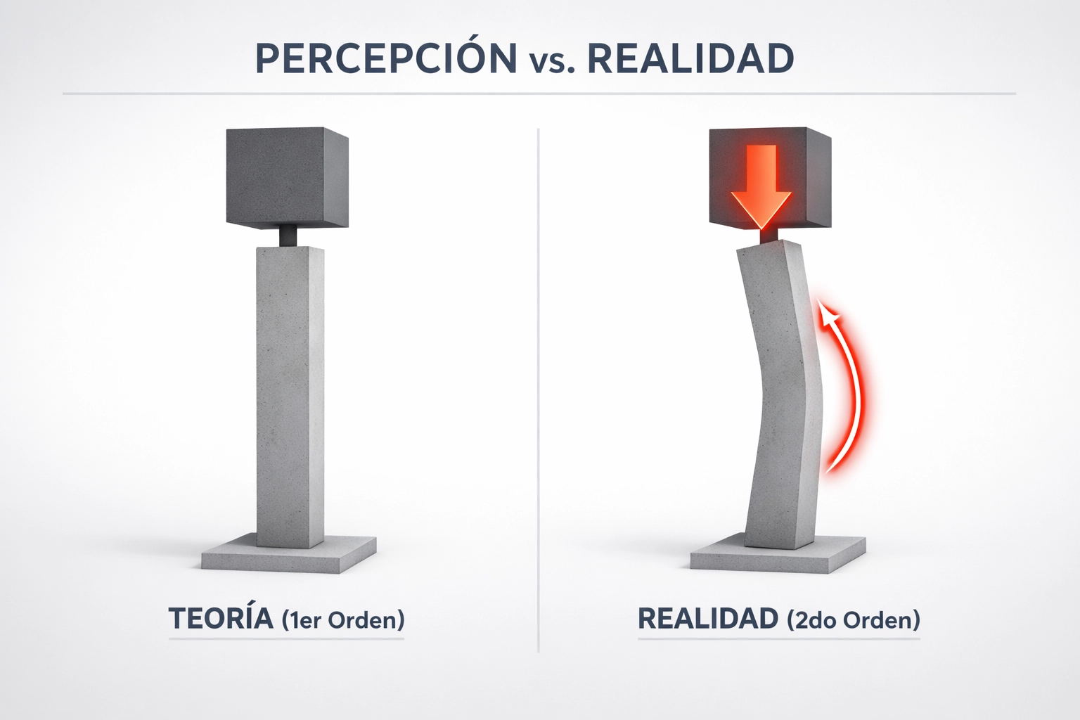 Esquema del efecto P-Delta: la carga vertical sobre un pilar desplazado genera un momento de segundo orden